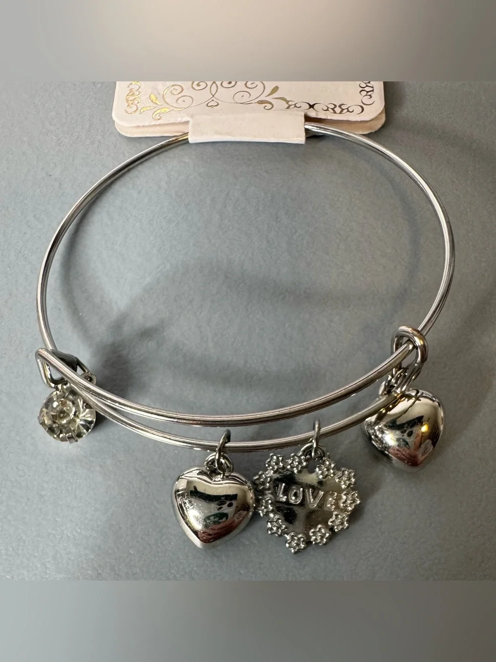 Silver Heart & 'Love' Charm Bangle Bracelet - Women's Jewelry